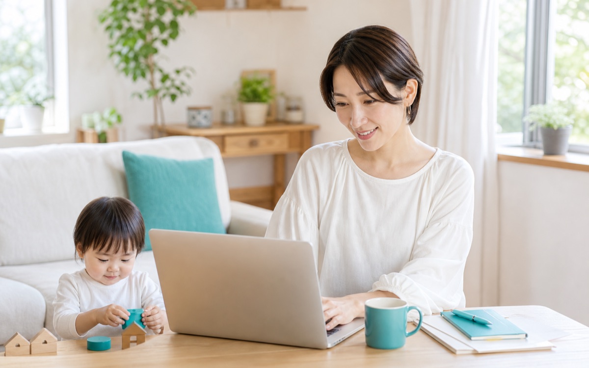 自宅で子どものそばで働くママ